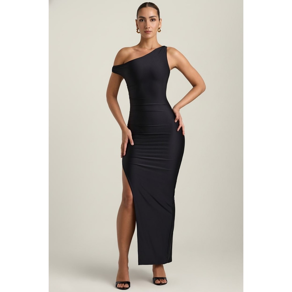 Oh Polly Akeeva Ruched Asymmetric One-Shoulder Maxi Dress NWT | Sz‎ 6 | Black